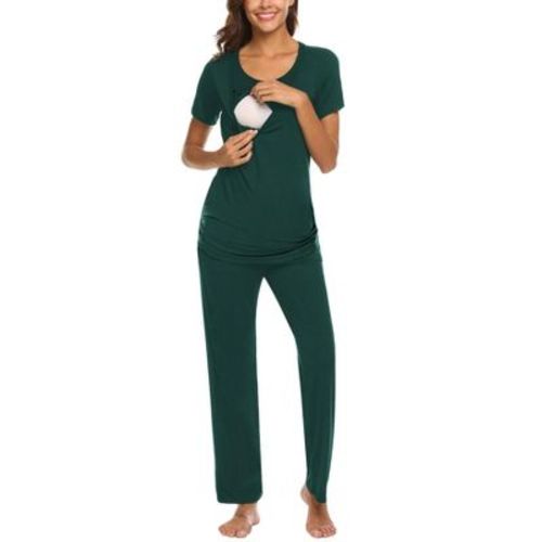 Ekouaer Women Maternity Nursing Pajama Set Breastfeeding Sleepwear Set Short Sleeve Top & Pants Postpartum Pajamas Dark Green M