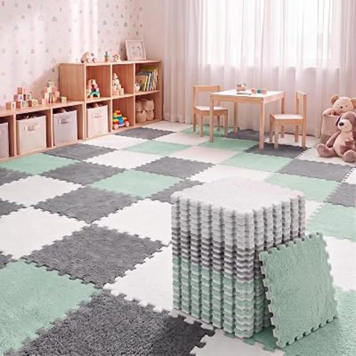 Amylove 36 Pc Foam Interlocking Carpet Tiles,White, Gray, Mint Green