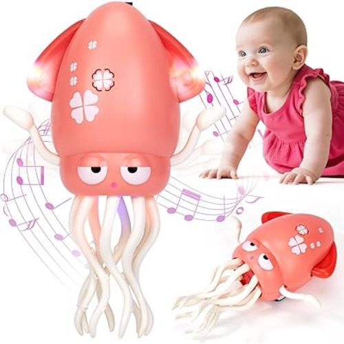 hahaland Baby Toys 12-18 Months - Crawling Dancing Squid Toy Tummy Time Toys Musical Moving Developmental Funny Baby Gifts Rechargeable Electric Octopus Toy for 1 Year Old Girl Gifts Stocking Stuffers