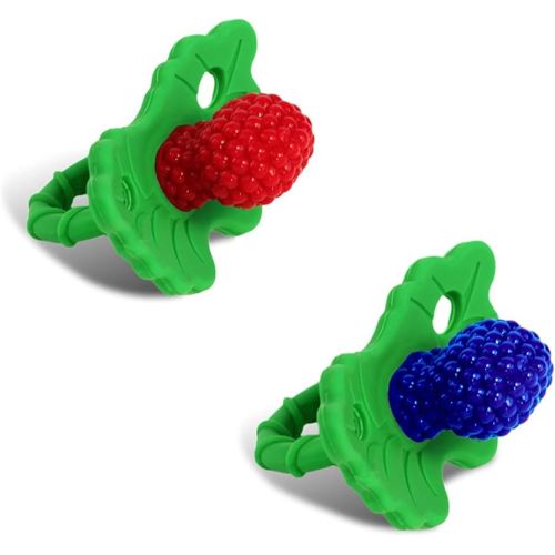 RaZbaby RaZberry Silicone Teether Pacifier – Teething Relief for Infants, Food-Grade, BPA-Free, Hands-Free, Natural Berrybumps Fruit Texture for Sensory Development, Freezable, 2-Pack - Red & Blue