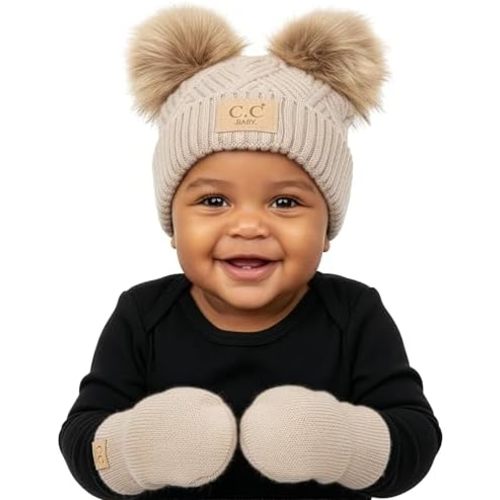 Funky Junque Baby Double Faux Fur Pom Pom Beanie & Mittens Set – Newborn Infant 0–9 Months Winter Hat with Soft Lined Mittens