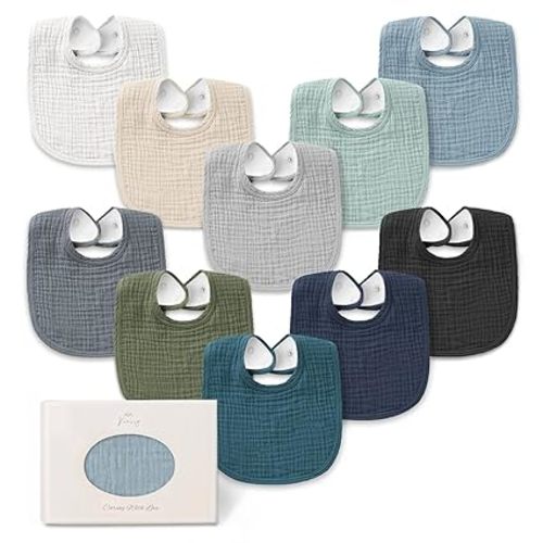 Konssy 10-Pack Muslin Baby Bibs, Soft Cotton Bandana Bibs for Drooling & Teething, Unisex Solid Colors for Boys & Girls, Newborn & Infant