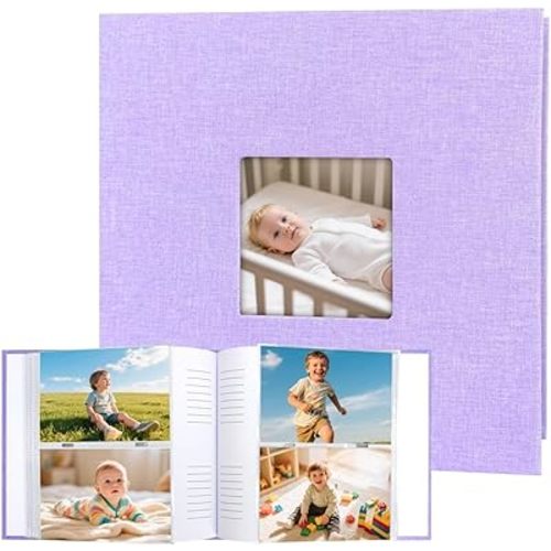 Photo Album 4x6 240 Photos with Writing Space Linen Cover with Front Window Picture Album, 240 Photos 4x6 Photo Album Book for Wedding Kids Travel Family Baby Pictures (Purple)