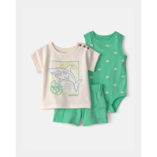 Baby Boy 3-Piece Shark Top, Bodysuit & Short Set - Green/Ivory | Carter's 6M