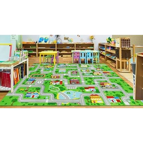 Capslpad Green Car Road Kid Rug Carpet Playmat for Playoom Traffic Road Kids Play Mat for Toddler Non Slip Washable City Map Race Track Carpet Rug for Kids Room Playroom Classroom Decor,6.6'x9.8'