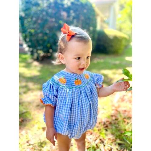 Smocked Pumpkin Bubble Romper in Blue Gingham - Halloween, Thanksgiving, Fall, Bishop style, Baby Girl, Pumpkin Patch, Vintage Style 528 *B