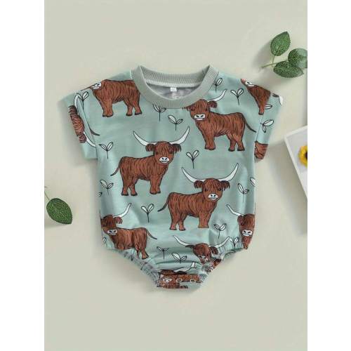Newborn Baby Boy Girl Western Clothes Cow Print Bubble Romper Short Sleeve Oversized Jumpsuit Summer Outfits | SHEIN USA