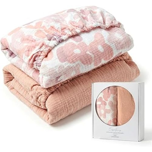 Muslin Crib Sheets for Girls Boys 2 Pieces, Soft and Breathable Sheets for Standard Crib Mattress, Cotton Fitted Baby Crib Sheet, 52"x 28", Colorful Flowers (Pink Flowers & Pink)