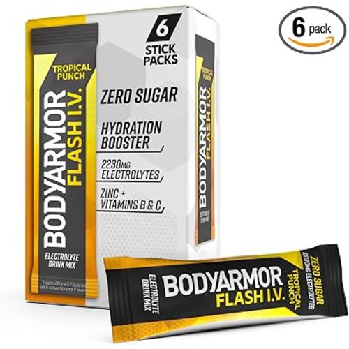 BODYARMOR Flash I.V. Electrolyte Packets, Tropical Punch, Zero Sugar Drink Mix, Single Serve Packs, Coconut Water Powder, Hydration for Workout, Travel Essential, Just Add Sticks to Liquid (6 Count)