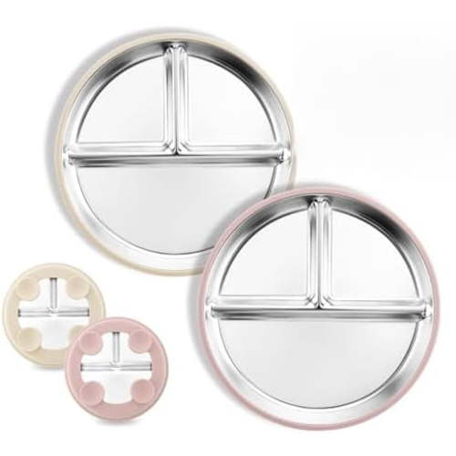 Stainless Steel Baby Plate with Suction, 8” Divided Toddler Plates with Removable Silicone Sleeves for Kids, Non-Toxic Non-Slip Unbreakable Dishwasher Safe Dinnerware Set of 2, Pink & Beige