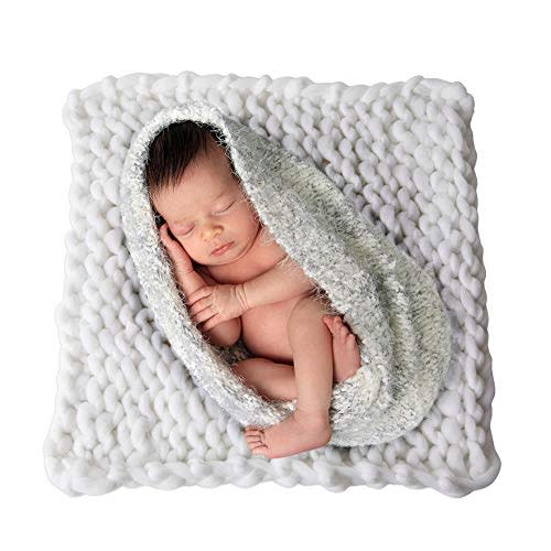 Play Tailor Chunky Knit Blanket for Newborn Photography Props Baby Photo Backdrop Rugs Newborn Basket Filler (19.7"x19.7", White)