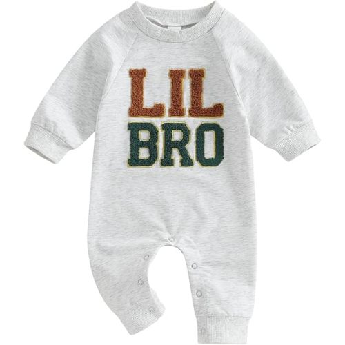 pengnight Newborn Baby Boys Girls Romper Long Sleeve Lil Bro Letter Print Solid Color Bodysuit Jumpsuit