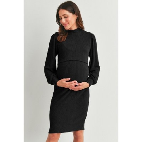 Hello Miz Women's Ribbed Double Layer Mock Neck Maternity Nursing Dress - Black - Medium
