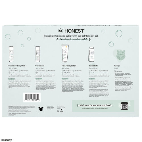 The Honest Company Fragrance Free Bathtime Gift Set + Disney Design | Hypoallergenic Bath Essentials Gentle Enough for Baby | Shampoo + Body Wash, Face + Body Lotion, Bubble Bath, Conditioner, Sponge | Honest
