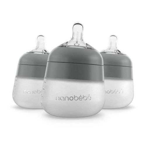 nanobebe Flexy Silicone Baby Bottle Anti-Colic Nipple, Soft Body, Stable Base - Gray - 5oz/3pk
