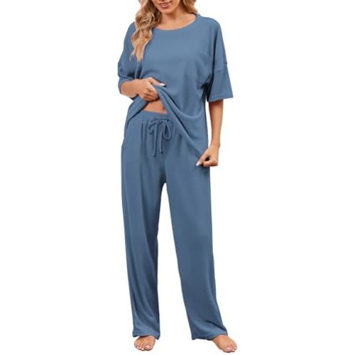 JiniGolla Womens Pajama Sets Waffle Knit Short Sleeve Shirt with Long Pajama Pants Soft Sleepwear Pj Lounge Sets
