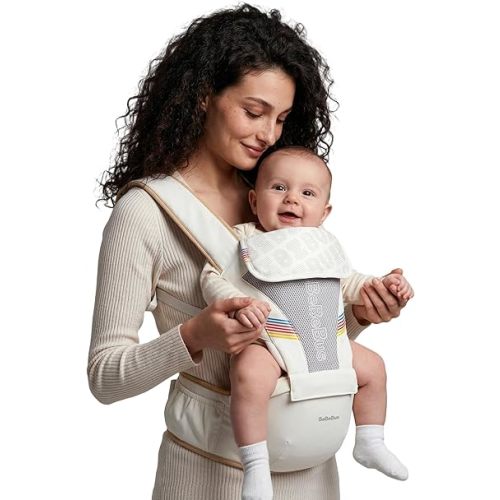 Baby Carrier with Hip Seat, BeBeBus 2-in-1 Ergonomic Newborn to Toddler Carrier up to 44 lbs, Detachable Hands-Free for Infant, All Season Forward-Facing Carry, Fits Waist Sizes up to 38 inch (White)