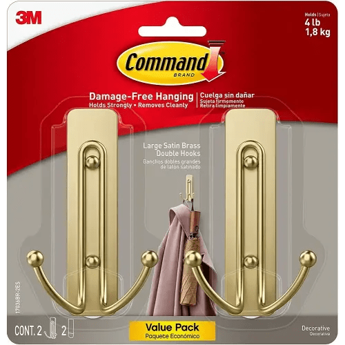 Amazon.com: Command Large Wall Hooks, Damage Free Hanging Wall Hooks with Adhesive Strips, No Tools Double Wall Hooks for Hanging Decorations in Living Spaces, 2 Satin Brass Plastic Hooks and 2 Command Strips : Everything Else