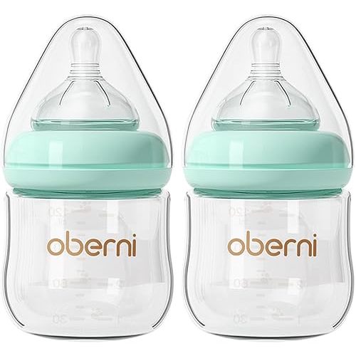 Oberni Lot de 2 biberons en verre anti-coliques pour nouveau-né de 0 à 3 mois, 120 ml, avec réponse naturelle, débit lent, tétine, bleu