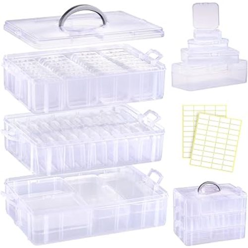 Funtopia Bead Organizers and Storage, 56 Pcs Small Plastic Containers with Lids and 3-Tier Stackable Storage Box, Mini Clear Organizers for Jewelry Toys Craft Storage (4 Sizes)