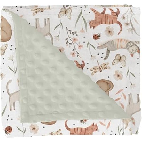 Cute Cat Boho Floral Leaves Baby Blankets for Girl Boy Fun Kittens Meadow Butterflies Soft Mink Dotted Backing Double Layer Swaddle Blanket Cats Lover Gift Bed Blanket Toddler Nursery Crib 30x40