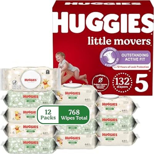 Little Movers Bundle: Huggies Little Movers Baby Diapers, Size 5 (27+ lbs), 132 Count & Huggies Natural Care Sensitive Baby Wipes, 768 Count (12 Packs of 64)