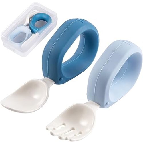 Baby Self Feeding Training Spoon and Fork Set with Travel Case, BPA-Free Cute Circle Toddler Training Utensils, Silicone/ABS Great Tableware Set Spoons Fork for Kids(Blue & Light blue)