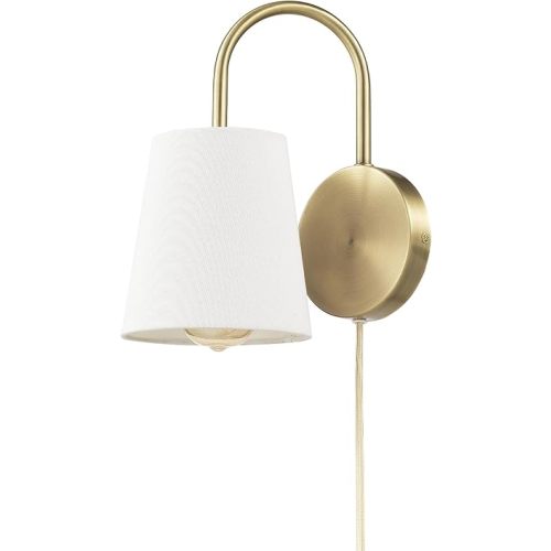 Globe Electric 65000053 1-Light Hardwire or Plug-in Wall Sconce, Matte Brass, White Textured Shade, Arched Arm, Lighting, Home Decor, Lights for Bedroom Plug in