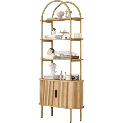 71" Tall Fluted Arched Bookshelf with Sliding Tambour Doors, Mid Century Modern Metal Curved Bookshelf Cabinet with Storage, 4-Tier Open Display Storage Shelf for Home Office, Living Room (Natural)