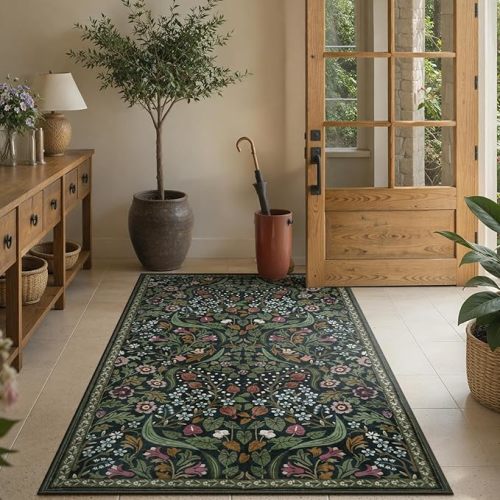 Lahome Claude Floral 8x10 Green Living Room Rugs, Large Washable Area Rug for Bedroom Rubber Backed, Botanical Thin Stain-Resistant Carpet for Dining Room Under Table, Kids Room, Nursery