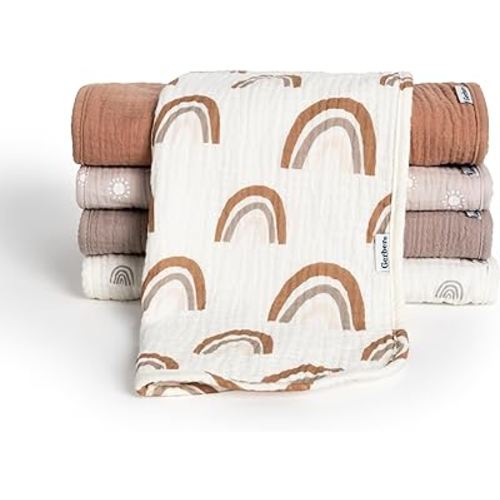 Gerber Baby Unisex Muslin Burp Cloths 5-Pack, Multi Rainbow, Large Size 20" x 10"