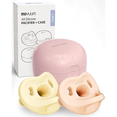 Moyuum Silicone Macaron Pacifier | Made in Korea, BPA Free One-Piece Design Baby Soother, Soft Orthodontic Shape with Air Holes, 2 Pack with Travel Case, Newborn 0-3 Months (Mango+Pink, Stage 1)