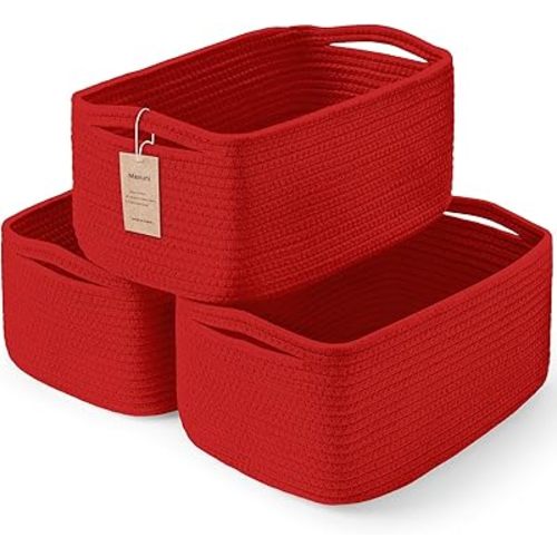 3-Pack Storage Baskets for Organizing | Woven Shelf Toy Basket | Rope Baskets for Gifts Empty | Closet Organizer Bins with Handles | Cube Decorative Box | 13.7×7.1×6.7” | Red