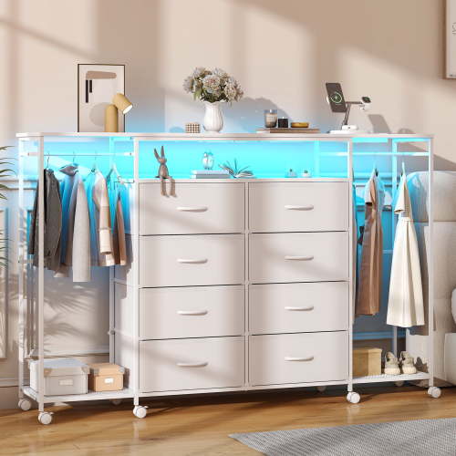 Winkalon Dresser with Clothes Rack 8 Drawer Dresser with Clothing Rack for Hanging Clothes White Dresser with Fabric Drawers & Charging Station
