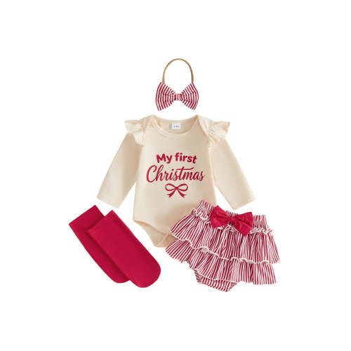 Loicainy Infant Baby Girl Christmas Outfit 3 6 12 18 Months Letter Romper Striped Shorts Headband Stockings Clothes Set