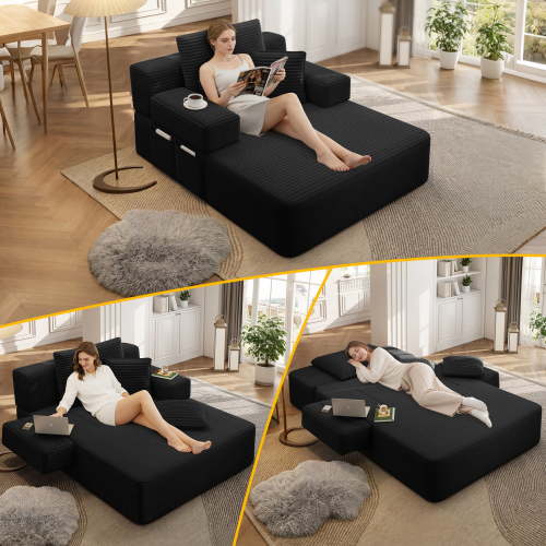 LLappuil Chaise Lounge Chair Indoor, Corduroy Boneless Sofa Bed, Deep Seat Sleeper Couch Reading Chairs, Cloud Sofas Couches for Living Room, No Assembly Required Black