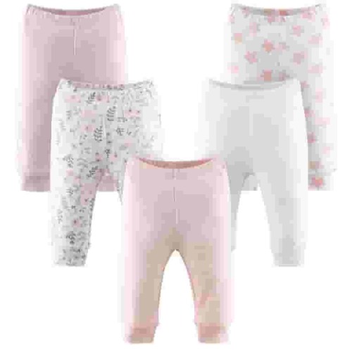 The Peanutshell Baby Pants for Girls 5 Pack Pink White Floral Stars