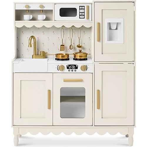 Best Choice Products Play Kitchen for Kids, Cottage Style Kids Kitchen Playset for Toddlers, Pretend Play Toy Kitchen w/ 11Pcs, Espresso Machine, Microwave, Oven, Refrigerator w/Ice - Cream