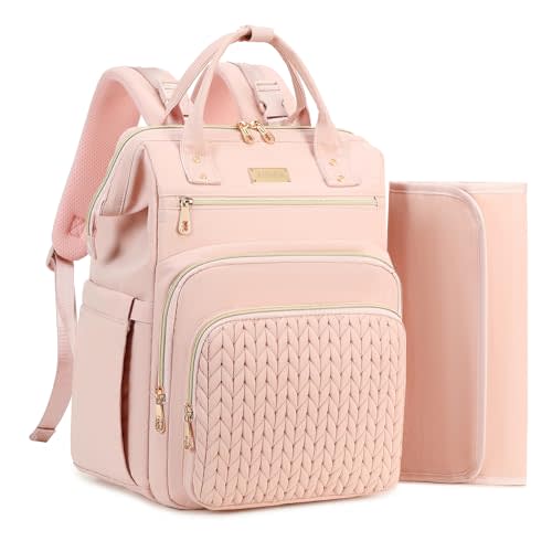 AIJIEKE Large Diaper Bag Backpack, Extra Wide Travel Diaper Bag, Pink | Multi-functional waterproof maternity bag. Changing pad, stroller straps, insulated wet/dry pocket. Mom, dad, toddler travel