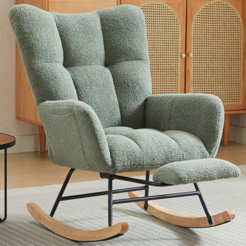 PAPROOS Rocking Nursery Chair with Footrest, Upholstered Glider Chair with High Backrest and Side Pocket, Teddy Fabric Rocker Accent Armchair for Nursery Bedroom Living Room, Green