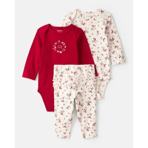 Baby Girl 3-Piece Floral Merry Cotton Bodysuits & Pant Set - White/Red - Carter's | Carter's