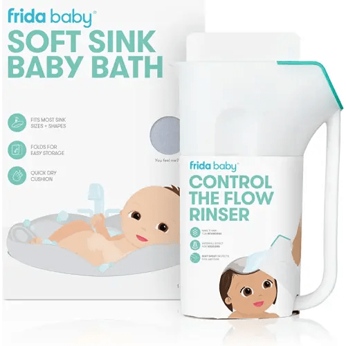Frida Baby Soft Sink Baby Bath and Control The Flow Rinser Cup Bundle | Bathtime Essentials for Infants