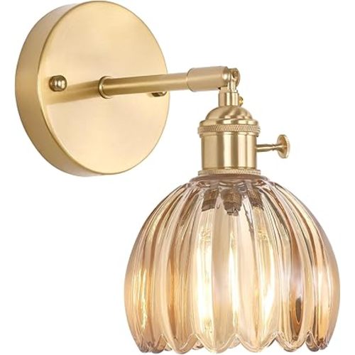 Shenmoyl Vintage Wall Sconces with Amber Tulip Glass Lampshade 180 Degree Adjustable Brass Sconces Hradwired Modern Wall Lighting Fixture with Switch for Bedside Bedroom Doorway