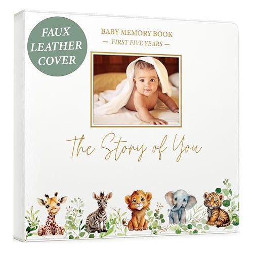 Baby Book Keepsake - Timeless Baby Memory Book for Boy or Girl I First 5 Year I Faux Leather, Gender Neutral, Safari Theme w/Gold Foil Stamp - Baby First Year Book Journal Scrapbook Photo Album Shower