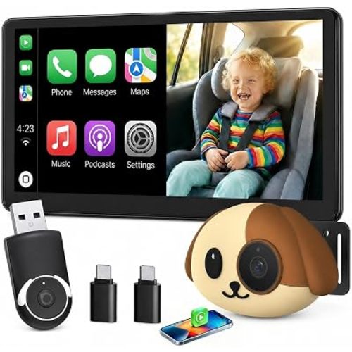 Cabin Care 1080P Baby Car Camera with Wireless CarPlay Adapter for iPhone Only, Real-Time Rear Seat Monitor, 150° Wide-Angle, IR Night Vision,Works with Factory Wired CarPlay (Dog)