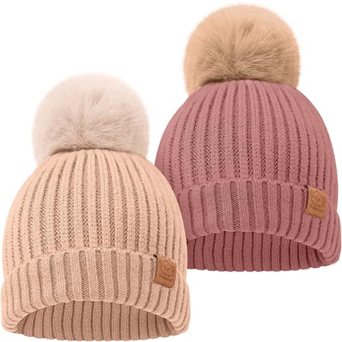 2-Pack Baby Hats for Girls, Boys, Stretchy Baby Winter Beanies(Tea Rose, S) | Cute Newborn & Toddler Winter Hat, Soft & Warm Pom Pom Baby Beanie for Infant, Toddler, Boys, Girls Baby Winter Hat