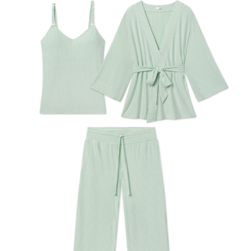 LAKE | Women | DreamModal Pajamas | Parisian Green Pencil Stripe Maternity Kimono Bundle