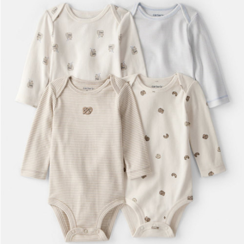 Baby 4-Pack Snack Time Long-Sleeve Multipack Bodysuits - Blue/White/Brown | Carter's