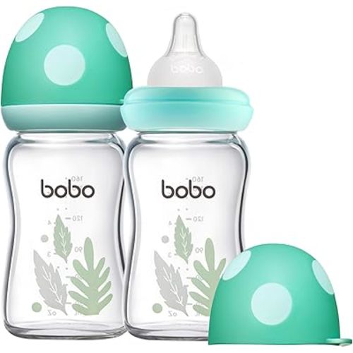 YOHKOH Natural Glass Baby Bottle with Natural Response Nipple, Newborn Anti-Colic Baby Bottles, Wide Neck Mushroom Cap Baby Bottle, Clear ((5.4oz (Pack of 2), Blue-A)