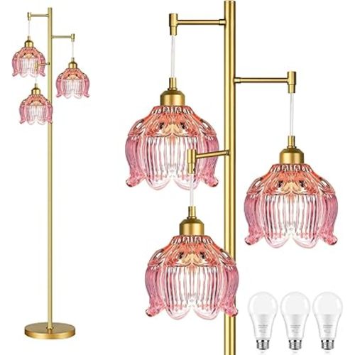 Glass Floor Lamp for Living Room,Bedroom,Gold Flower Mid Century Modern Standing Lamp Brass Tree 3 Light Tall Floor Lamps Vintage Floor Lights Pink Lamp Shade Farmhouse Boho Bohemian